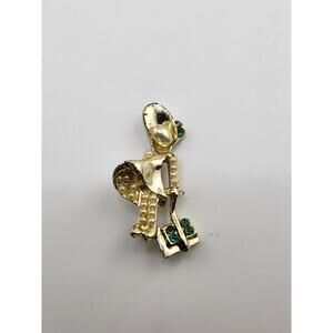 Vintage Gold Tone Girl Brooch Faux Pearl Green Rhinestone Figurine Pin